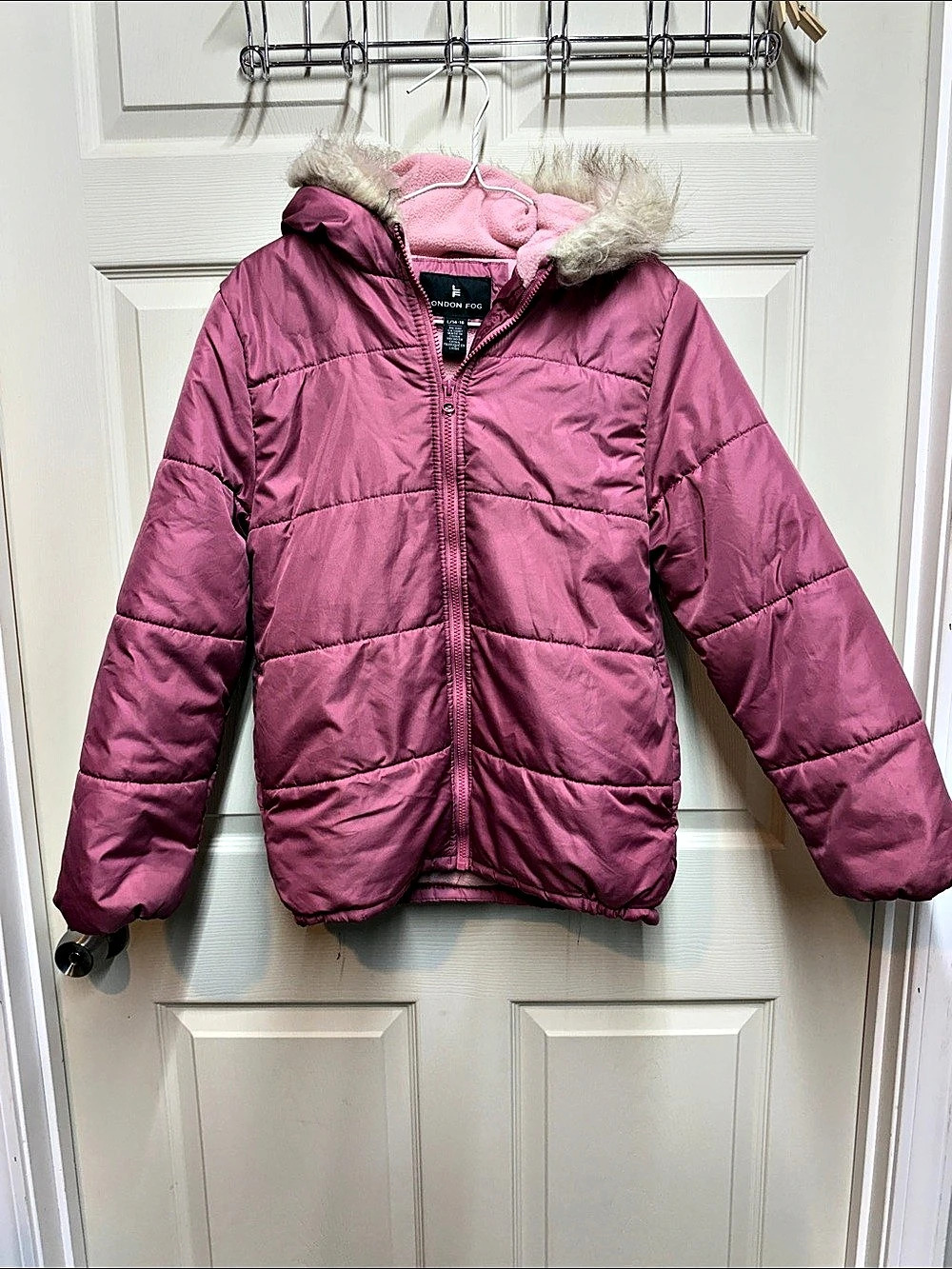 London Fog Girls Hooded Puffer Jacket with Faux Fur Trim Pink Size Large